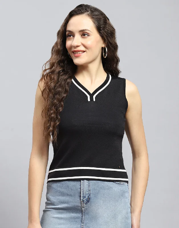 Women Black Solid V Neck Sleeveless Top Refined Women's Hand - crafted