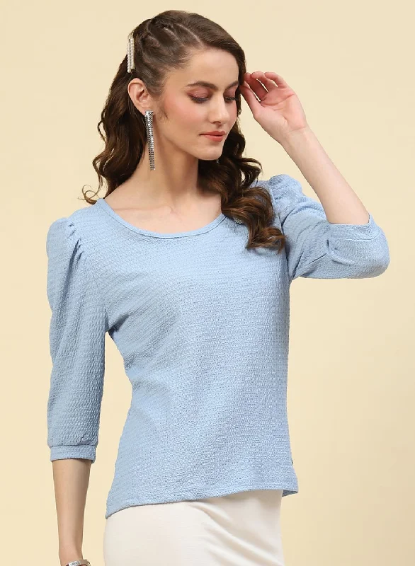 Women Sky Blue Printed Top Classic Women's Tweed