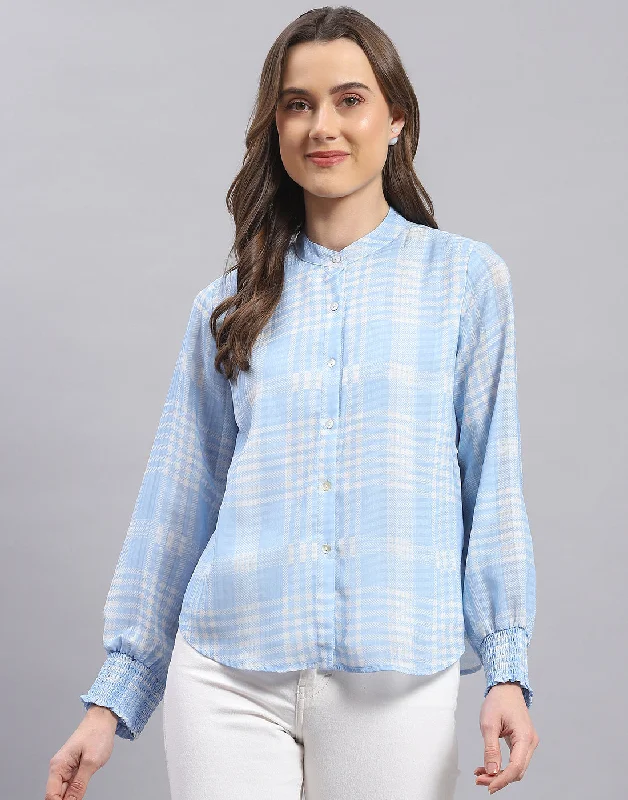 Women Blue Check Mandarin Collar Full Sleeve Top Minimalist Women's Casual