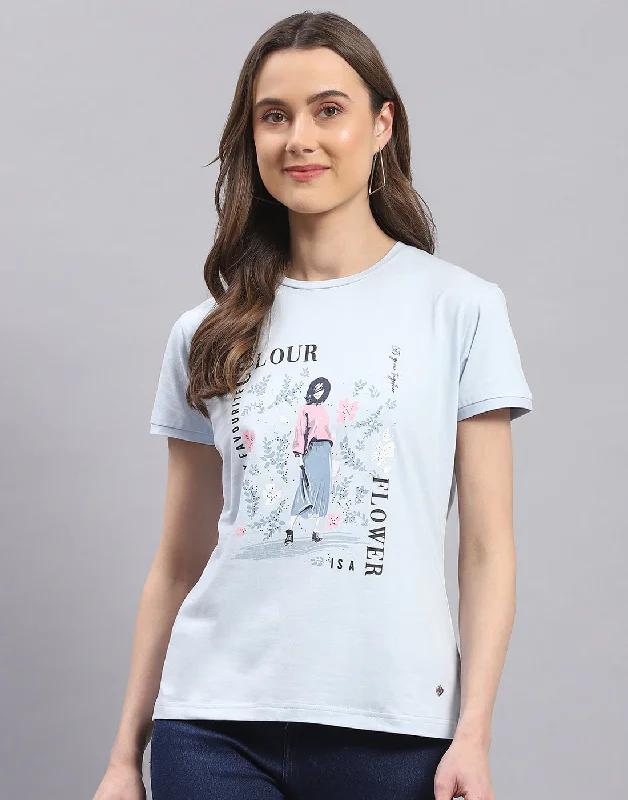 Women Blue Printed Round Neck Half Sleeve Top Sporty Women's Athleisure 
