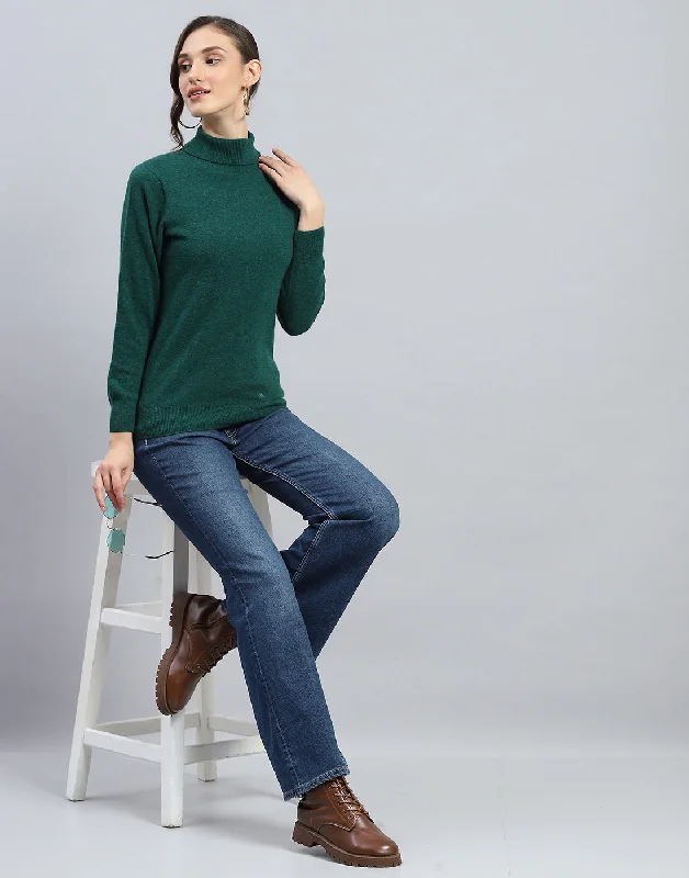 Women Green Solid Turtle Neck Full Sleeve Winter Top Tough Women's Military - inspired