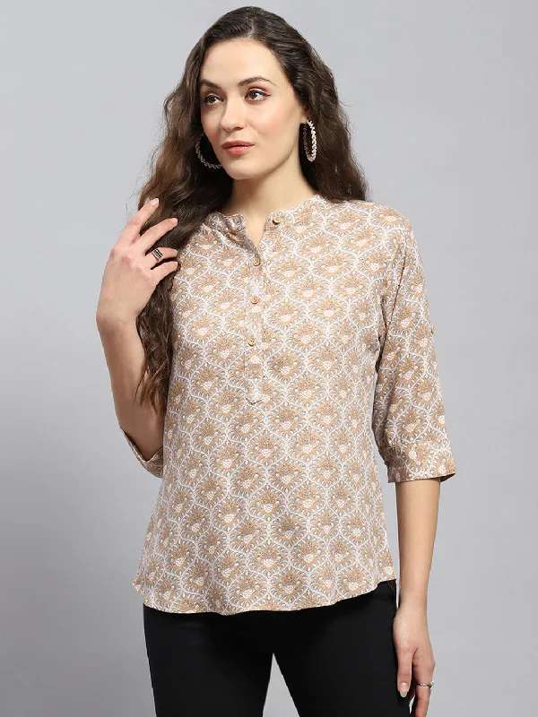 Women Beige Printed Band Collar 3/4 Sleeve Top Modern Women's 