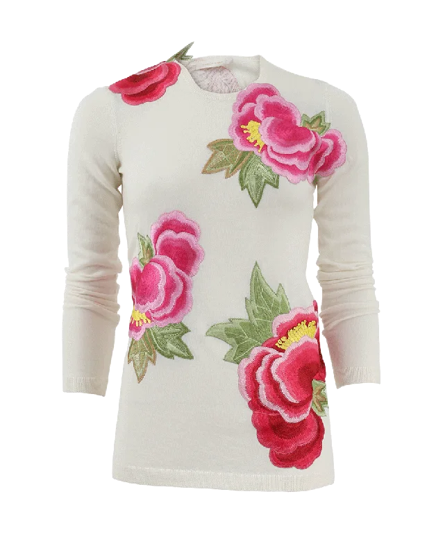 Floral Applique Cashmere Sweater Earthy Women's Hemp - based