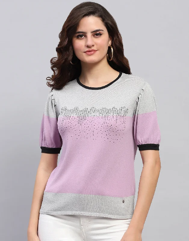 Women Grey Colourblocked Round Neck Half Sleeve Top Edgy Women's Punk