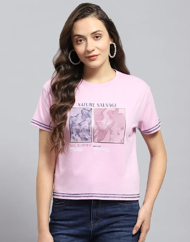 Women Pink Printed Round Neck Half Sleeve Top Artistic Women's Hand - painted