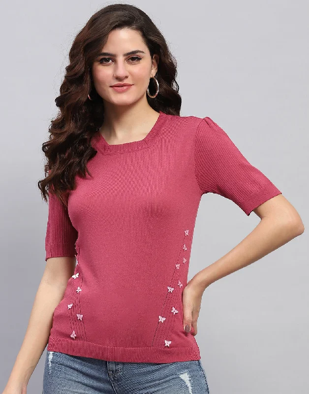 Women Pink Solid Round Neck Half Sleeve Top Luxurious Women's High -  end