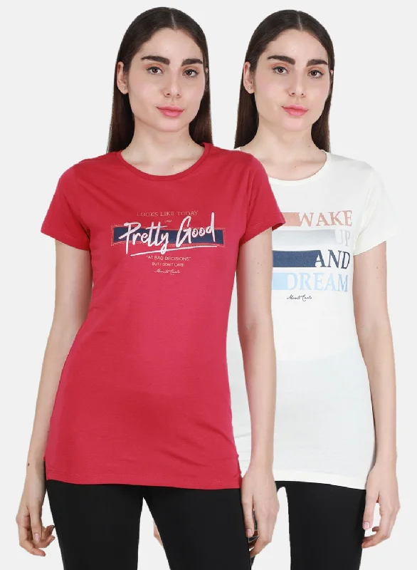 Women Off White & Magenta Printed Top 2 Pc Set Laid - back Women's Vibe