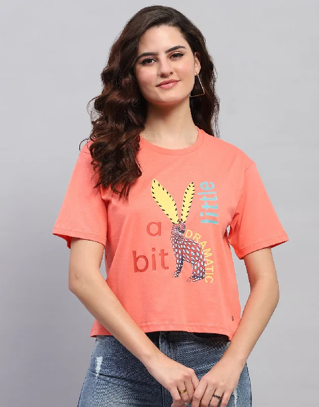 Women Coral Printed Round Neck Half Sleeve Top Minimalist Women's Casual