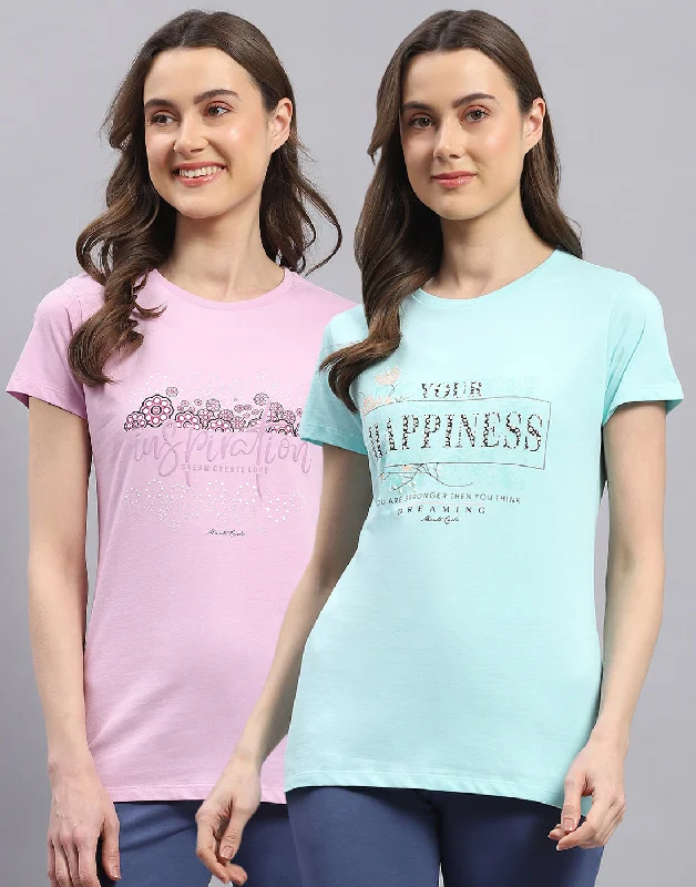 Women Blue & Purple Printed Round Neck Half Sleeve Top 2 Pc Set Cozy Women's Sherpa - lined