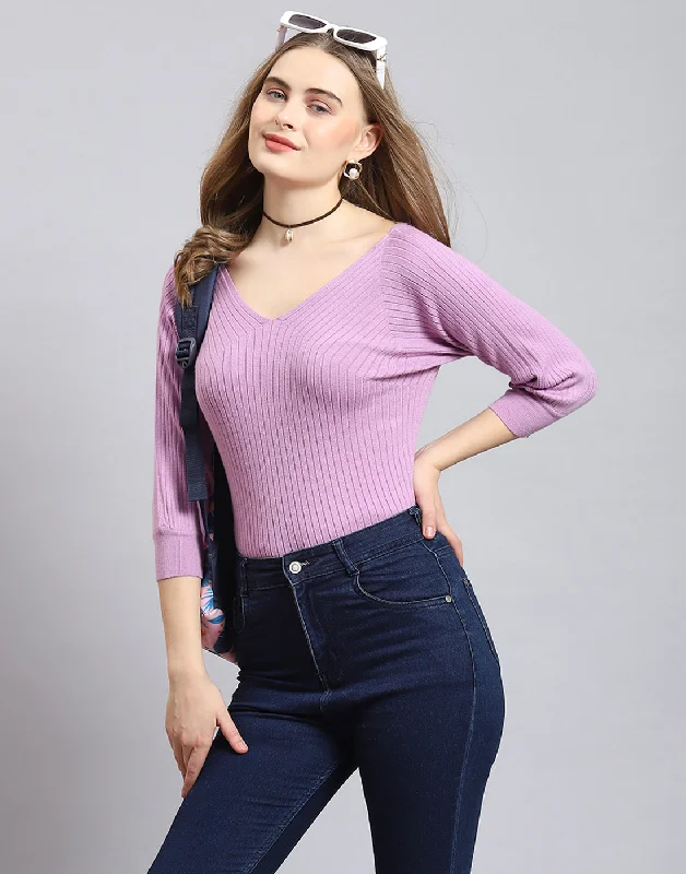 Women Purple Solid V Neck 3/4 Sleeve Top Monochromatic All - in - one