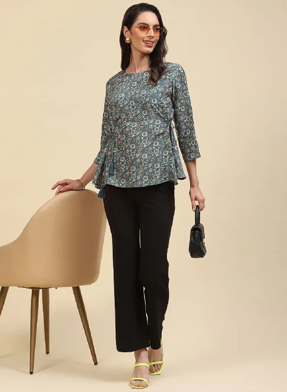 Women Teal Blue Printed Top Dapper Women's Bow - adorned