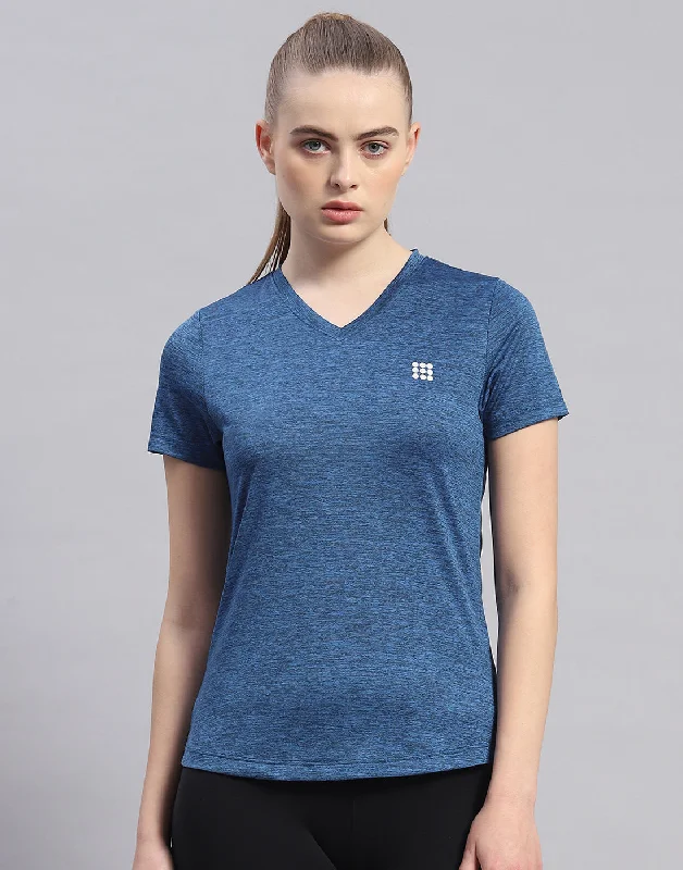 Women Navy Blue Solid V Neck Half Sleeve Top Monochromatic Office Style