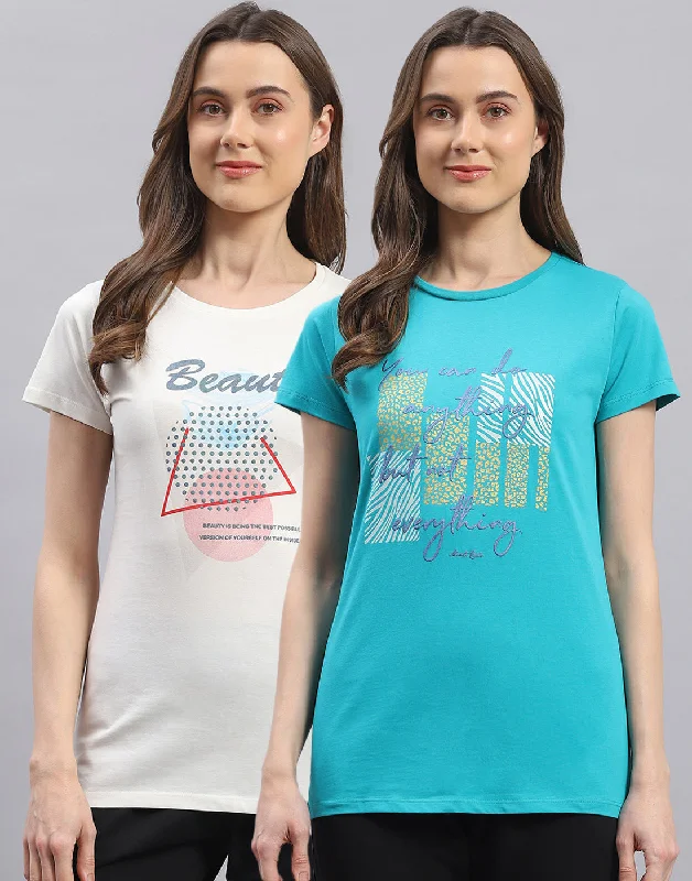 Women Off White & Turquoise Blue Printed Round Neck Half Sleeve Top 2 Pc Set Practical Women's Quick - dry