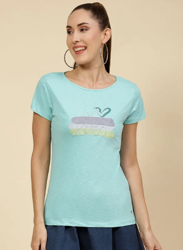 Women Aqua Blue Printed Top Sleek Women's 