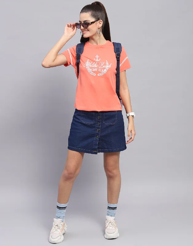 Women Pink Printed Round Neck Half Sleeve Top French
