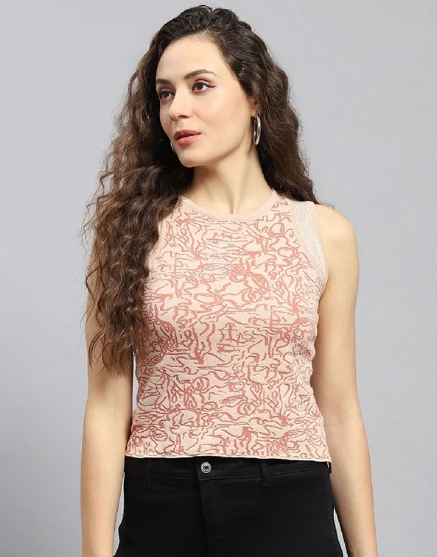 Women Pink Printed Round Neck Sleeveless Top Sophisticated Women's 