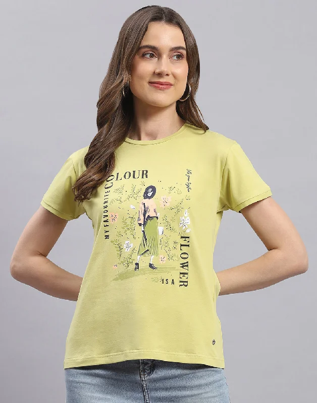 Women Lime Green Printed Round Neck Half Sleeve Top Monochromatic All - in - one