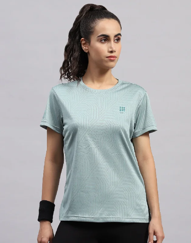 Women Green Self Design Round Neck Half Sleeve Top Stylish Women's Neon