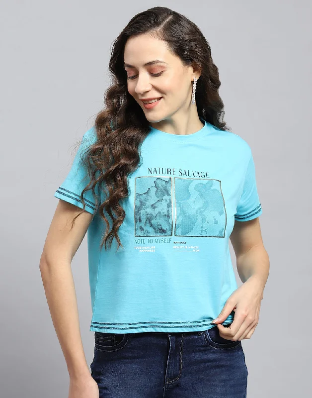 Women Turquoise Blue Printed Round Neck Half Sleeve Top Youthful Women's Anime - inspired