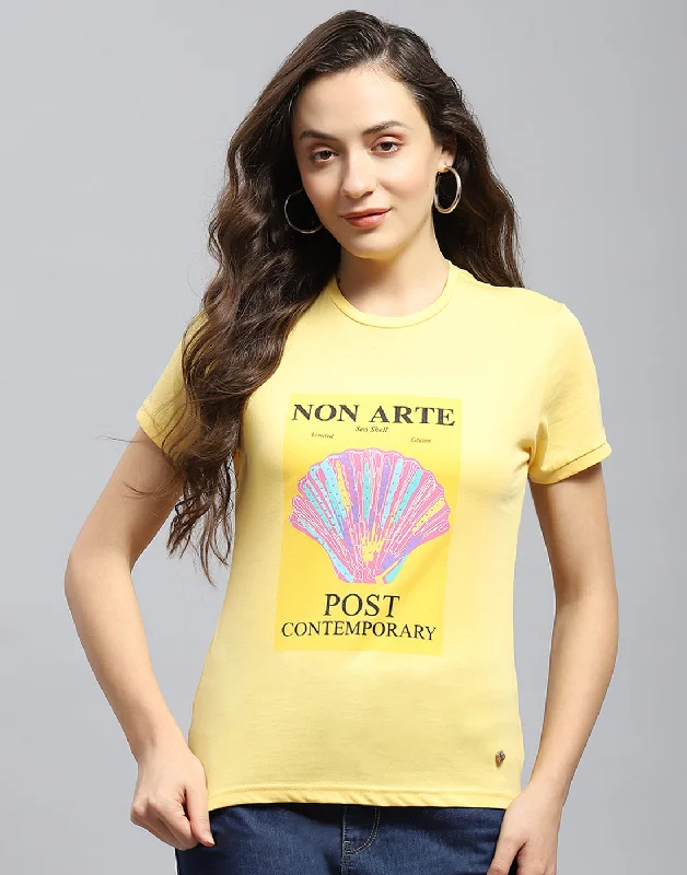 Women Yellow Printed Round Neck Half Sleeve Top Earthy Women's 
