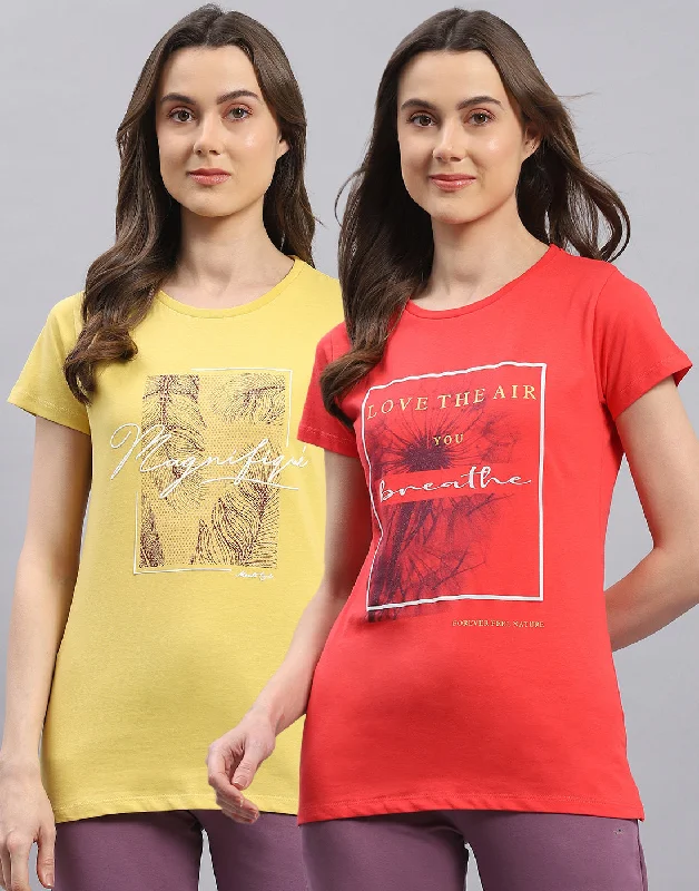 Women Red & Yellow Printed Round Neck Half Sleeve Top 2 Pc Set Classic Women's Pin - striped