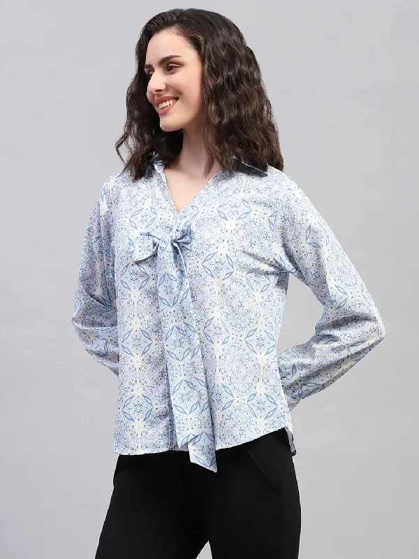 Women Blue Printed Collar Full Sleeve Top Refined Women's Velvet