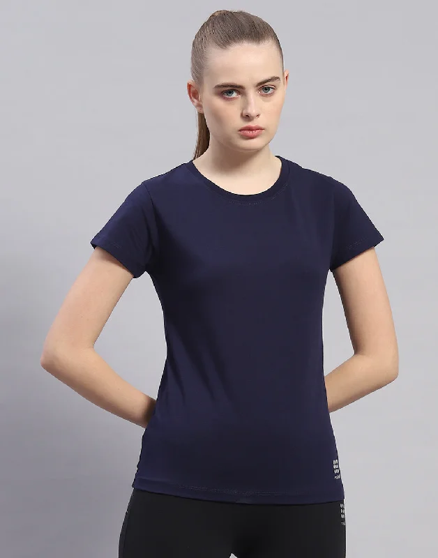 Women Navy Blue Solid Round Neck Half Sleeve Top Sharp Women's Italian