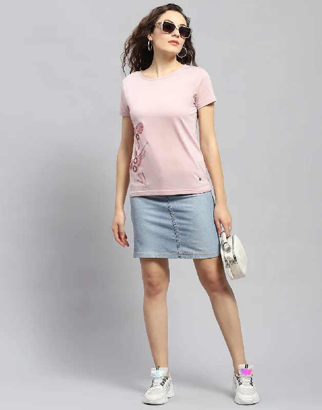 Women Pink Embellished Round Neck Half Sleeve Top Polished Women's Silk