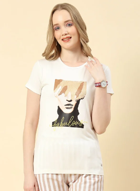 Women Off White Printed Top Street