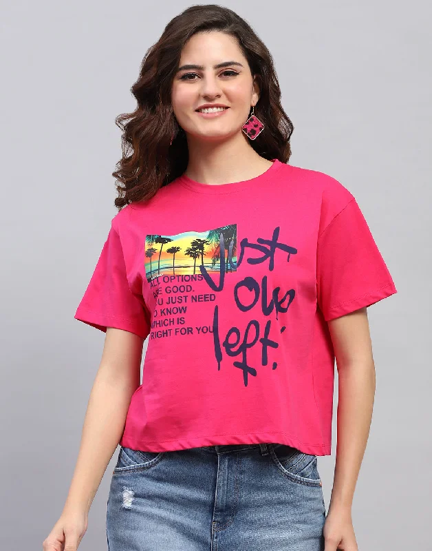 Women Magenta Printed Round Neck Half Sleeve Top Adventure