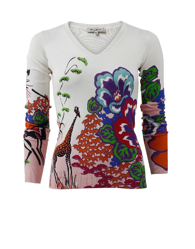 Floral Print Knit Pullover Sophisticated Women's Tailored