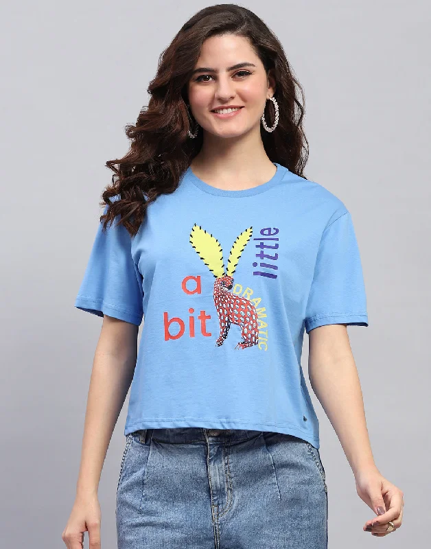 Women Blue Printed Round Neck Half Sleeve Top Vintage Women's 1970S 