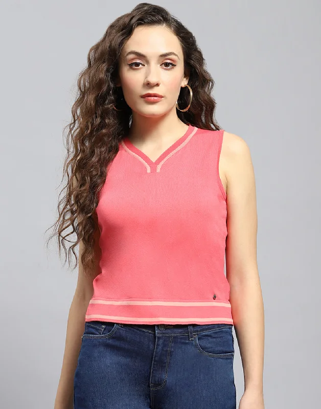 Women Pink Solid V Neck Sleeveless Top Cashmere