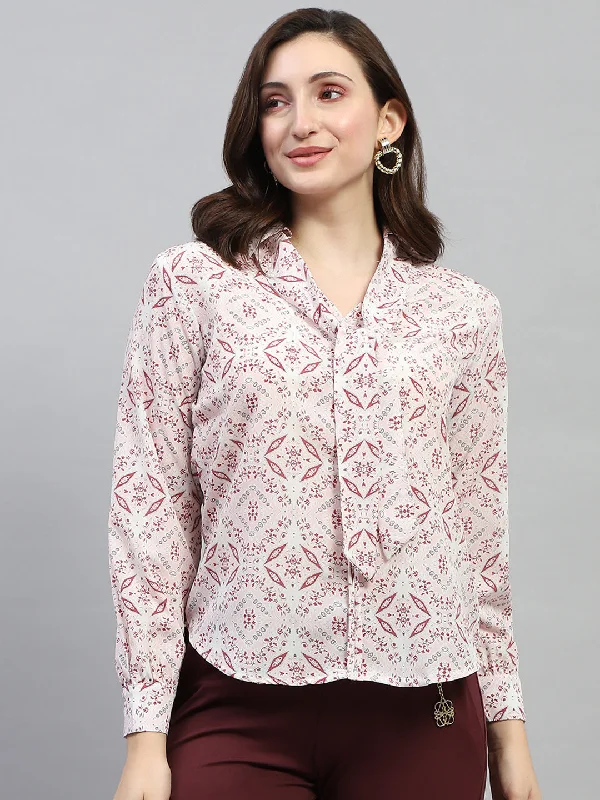 Women Pink Printed Collar Full Sleeve Top Relaxed Women's Beachy