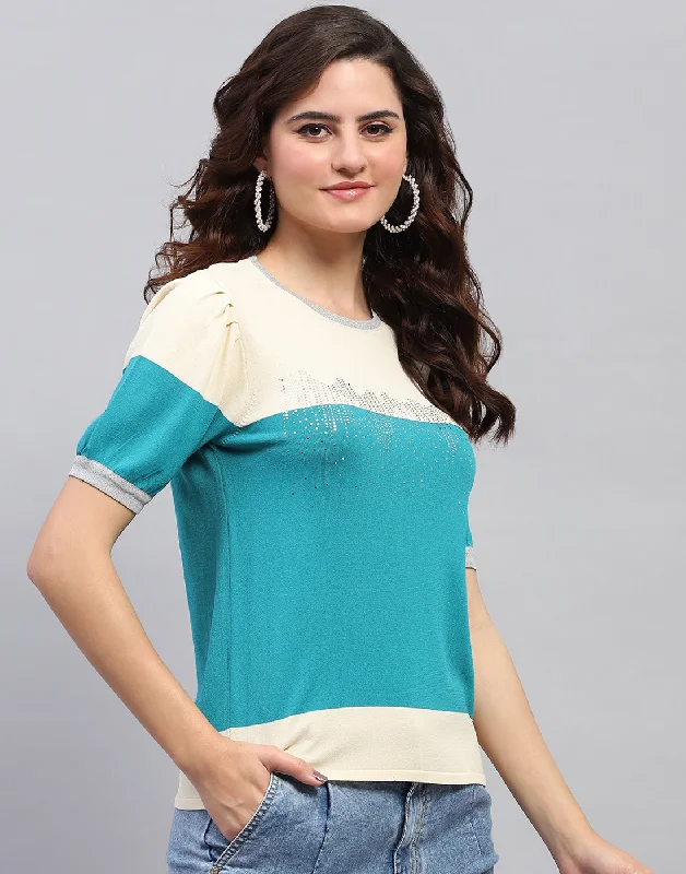 Women Cream Colourblocked Round Neck Half Sleeve Top Casual Women's Japanese 