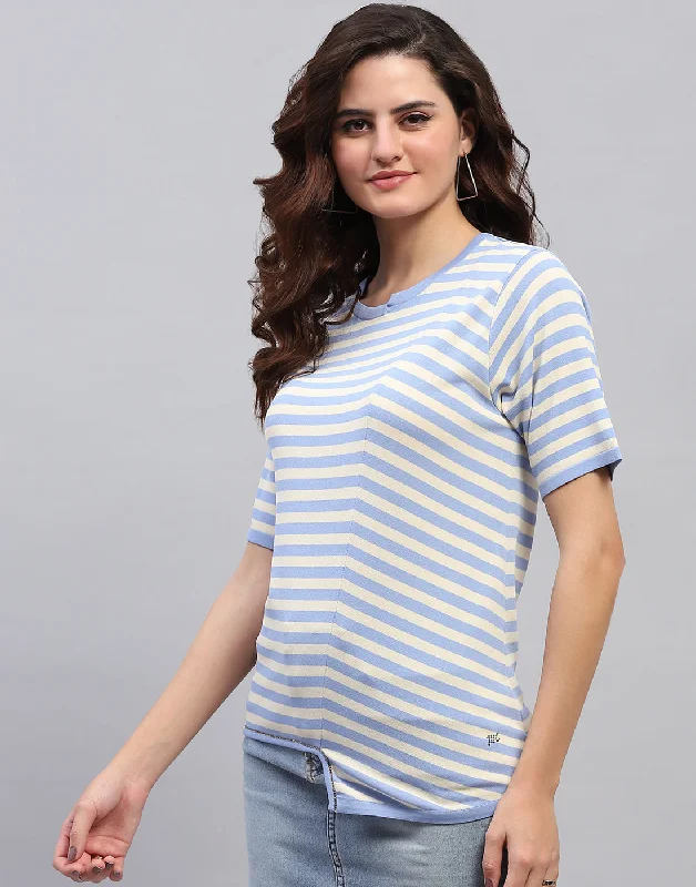 Women Sky Blue Stripe Round Neck Half Sleeve Top British Gentlewoman Style