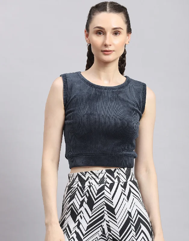 Women Navy Blue Solid Round Neck Sleeveless Top Hip Women's Urban