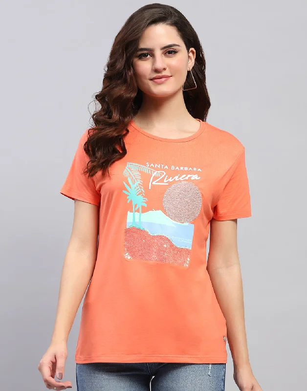 Women Orange Printed Round Neck Half Sleeve Top Compression