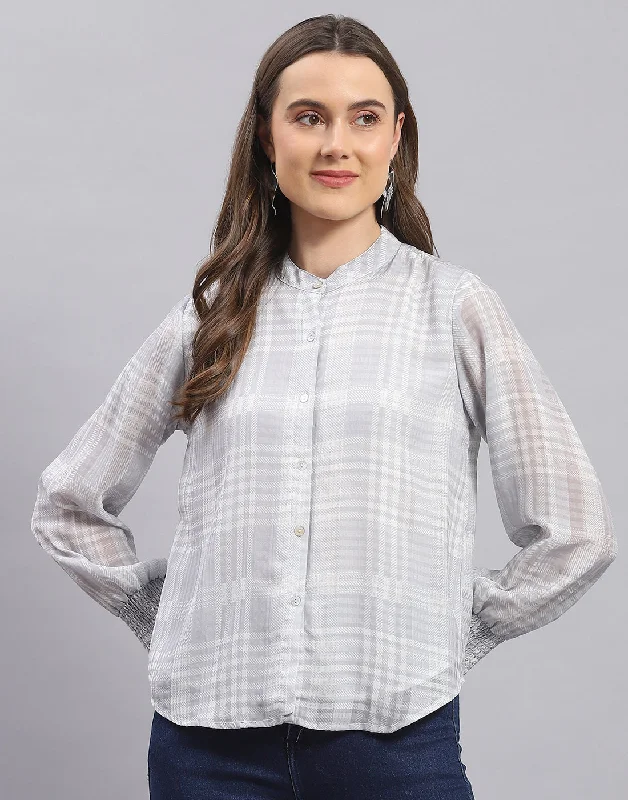 Women Grey Check Mandarin Collar Full Sleeve Top Compression