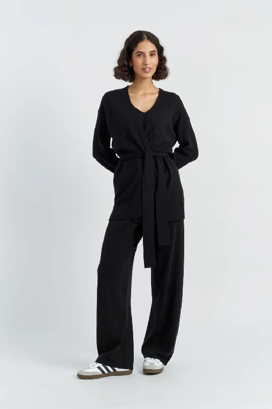 Black Wool-Cashmere Wrap Cardigan Cozy Women's Winter