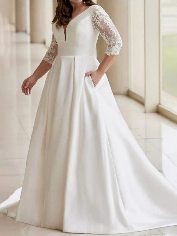 Plus Size Satin Wedding Dress | A-Line 3/4 Sleeve V-Neck Sustainable Organic