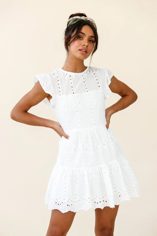 Louise Cap Sleeve Eyelet Embroidery Dress White Disco