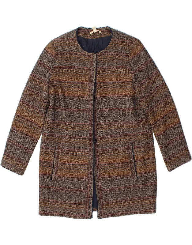 ESPRIT Womens Overcoat UK 12 Medium Brown Striped Cotton Hip Women's Urban