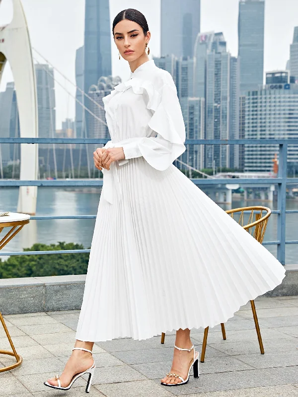 Plain Button Front Long Sleeve Stand Collar Pleated High Waist Maxi Dress Practical Women's Quick - dry