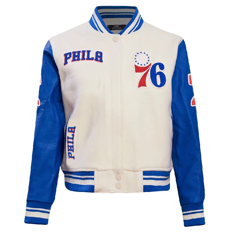 NBA PHILADELPHIA 76ERS RETRO CLASSIC WOMEN'S RIB WOOL VARSITY JACKET (EGGSHELL/ROYAL BLUE) Women