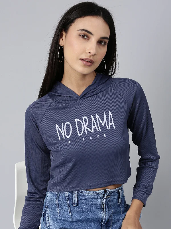Women Navy Blue Typographic Crop Boxy Tshirt Dapper Women's Bow - adorned