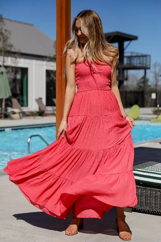 FINAL SALE - Getaway Mood Coral Strapless Tiered Maxi Dress - DU DEAL Gym