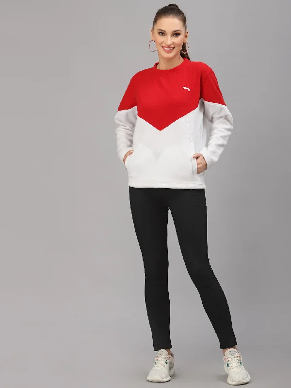 JUMP USA Women White & Red Solid Active Wear Sweatshirt Laid - back Women's Style