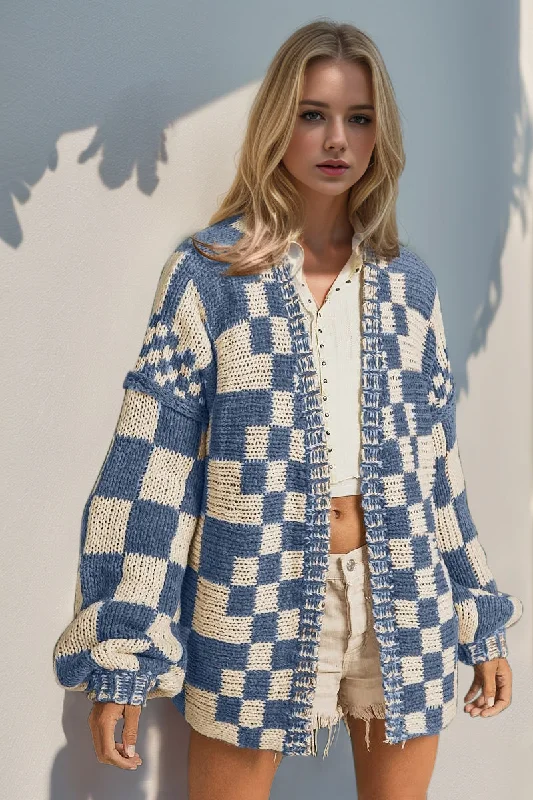 Open Front Checkered Drop Shoulder Cardigan British Gentlewoman Style