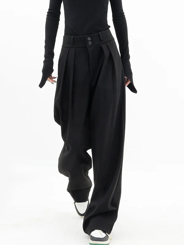 BerryBetty - Double Buttons Wide Leg Dress Pants Polished Women's Silk